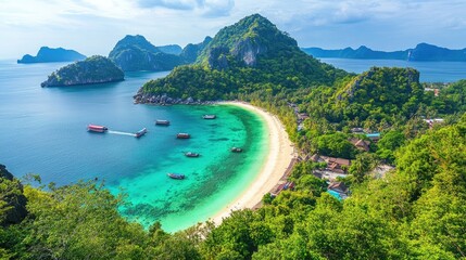 Obraz premium Serene Tropical Beach with Lush Green Mountains