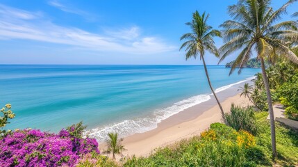 Fototapeta premium Serene Coastal View with Palm Trees and Blue Water