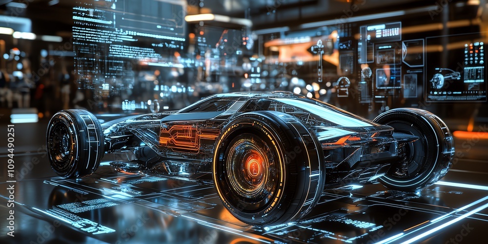 Poster futuristic concept car in a digital workshop with glowing blue lines on the floor and windows displa