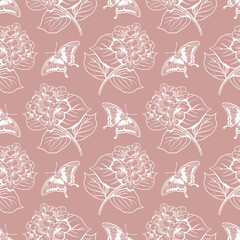 Fototapeta premium Hydrangea and butterflies delicate seamless pattern. Hand drawn vector illustration in graphic style. For greeting cards, invitations, packaging, textile, fabric, covers.
