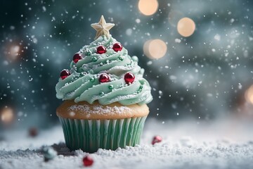 Christmas Tree Cupcake with Green Frosting, Red Ornaments, Star Cookie Topper, and Snowy Background