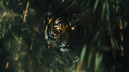 A tiger standing in a dense bamboo forest its glowing eyes staring intensely through the shadows.