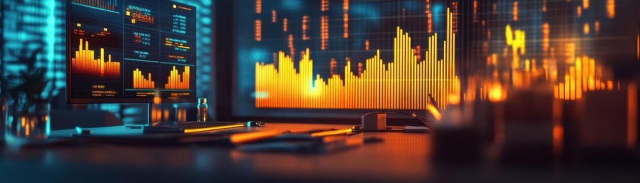 Vibrant financial charts glowing in a modern office bank advisor explaining small business loan options