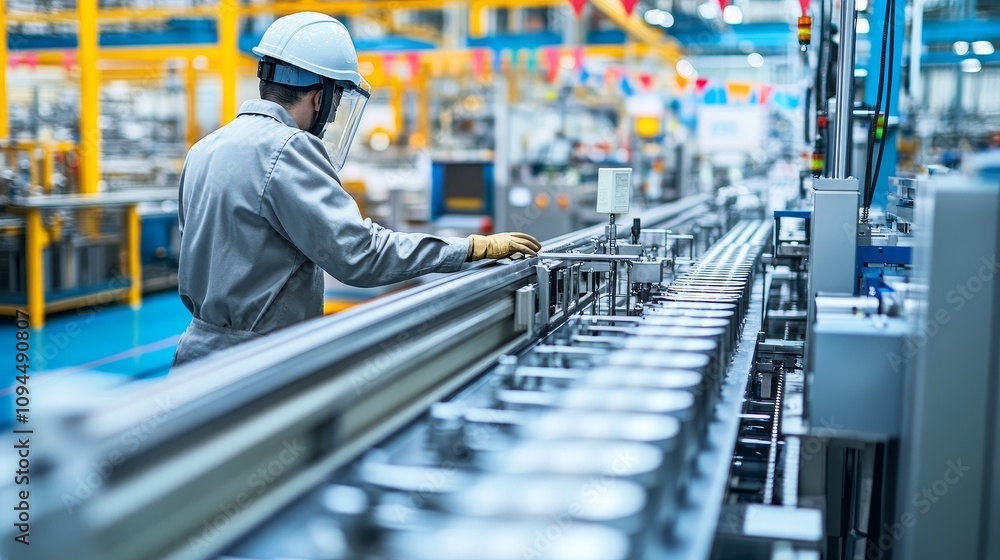 Poster a worker operating machinery on an assembly line in a factory