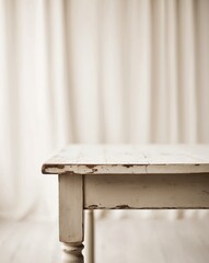 A close up of an empty wooden table with a blurred background featuring light beige and white tones.