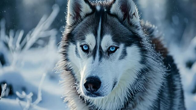Siberian husky explores snowy landscape with striking blue eyes in winter wonderland setting
