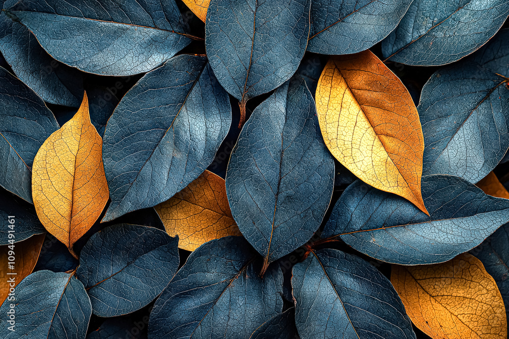 Aufkleber close up of leaves with a blue and yellow color scheme. the leaves are arranged in a way that create