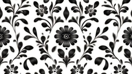 Fototapeta premium Black and white seamless Gzhel design, classic Russian folk art with repetitive floral motifs and swirls, ideal for ceramic or fabric designs 