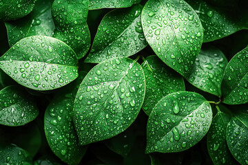 Obraz premium Close up of a leafy green plant with droplets of water on it. Concept of freshness and vitality, as the leaves are vibrant and the water droplets add a touch of natural beauty