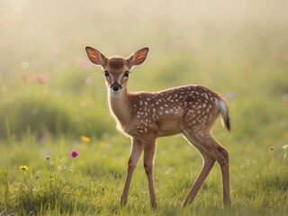 A Fawn with White Spots Stands in a Meadow of Green Grass and Wildflowers.