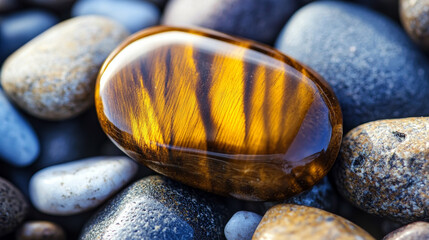 closeup of a natural tigers eye gemstone on a pebble beach