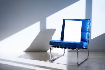 Blank white poster resting on vibrant blue cushioned chair in bright minimalist room with smooth white wall and hardwood floor creating modern simplicity