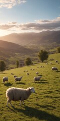 Obraz premium Sheep flock grazing in mountains on green grass meadow
