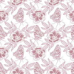 Floral delicate seamless pattern in ink. Rosehip, butterflies. Hand drawn vector illustration in graphic style. For textile, fabric, covers, packaging, wallpaper.