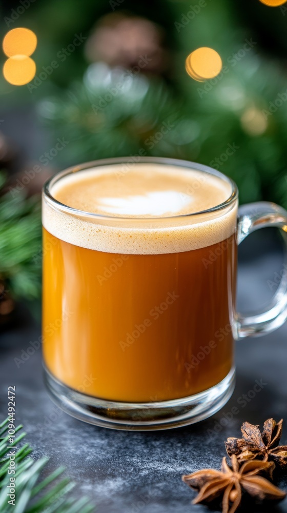 Poster close-up of sbiten with rich honey color in a glass mug with spices around on a dark rustic backgrou