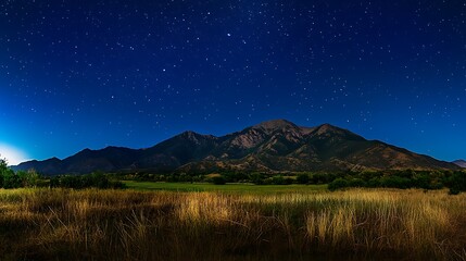 A serene night landscape featuring mountains under a starry sky and grassy plains.