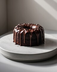 A delicious chocolate cake with chocolate frosting and chocolate chips sits on a gray surface.