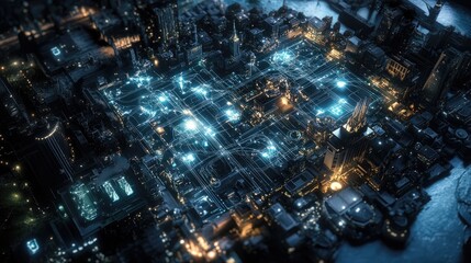 Digital Cityscape with Futuristic Network Connections