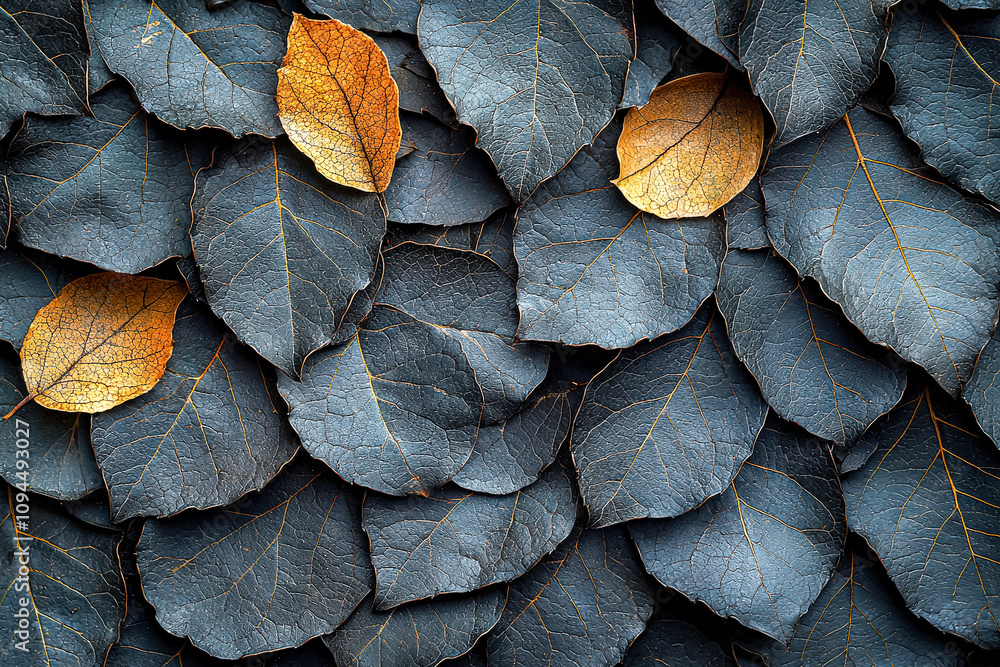 Aufkleber close up of leaves with a blue and yellow color scheme. the leaves are arranged in a way that create