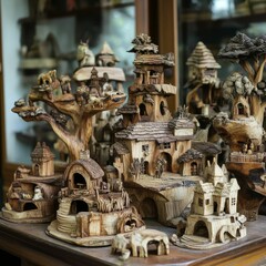 Fototapeta premium Intricate wooden village, miniature houses, carved trees.