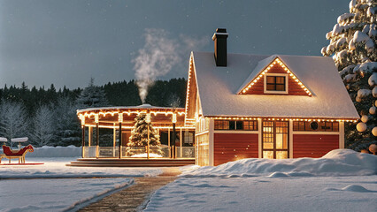 A stunning 3D winter wonderland designed for AR interaction. A snow-covered village with glowing festive decorations and a giant, animated Christmas tree in the center. The scene includes realistic de