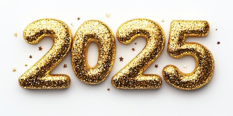 Gold glitter 2025 new year numbers on white background.