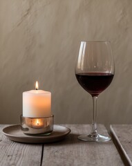 A table with a candle and a wine glass on it.