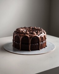 A delicious chocolate cake with chocolate frosting and chocolate chips sits on a gray surface.