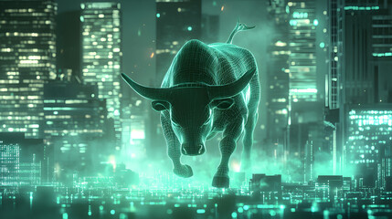 A vibrant 3D rendering of a bull charging through a futuristic cityscape filled with green lights.