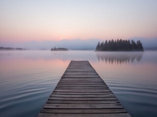 Naklejka premium Serene sunrise over a calm lake with a wooden dock extending towards a misty island.