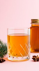 Fototapeta premium Sbiten served in a clear glass with spices and honey jar on a pink background Traditional drink with a cozy, rustic feel 