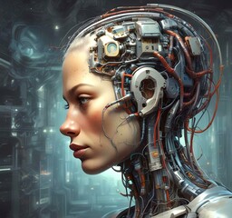 Fototapeta premium Technology illustration of cyborg with brain connections.