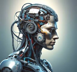 Fototapeta premium Technology illustration of cyborg with brain connections.