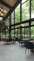 Fototapeta premium Stylish restaurant setting with concrete floors, wooden furniture, and large windows illuminated by warm natural light and greenery
