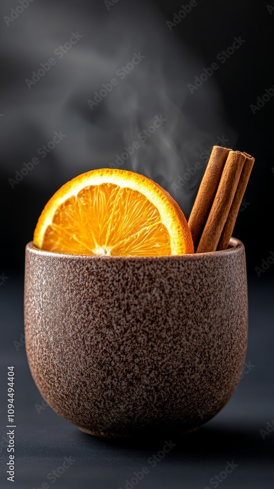 Poster steaming hot sbiten with orange slice and cinnamon sticks in a rustic mug on a dark gradient backgro