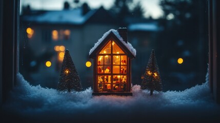 A snow-covered windowpane illuminated by golden lights, with a miniature holiday scene beyond.
