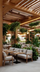 Fototapeta premium Stylish restaurant setting with concrete floors, wooden furniture, and large windows illuminated by warm natural light and greenery