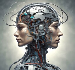 Technology illustration of cyborg with brain connections.