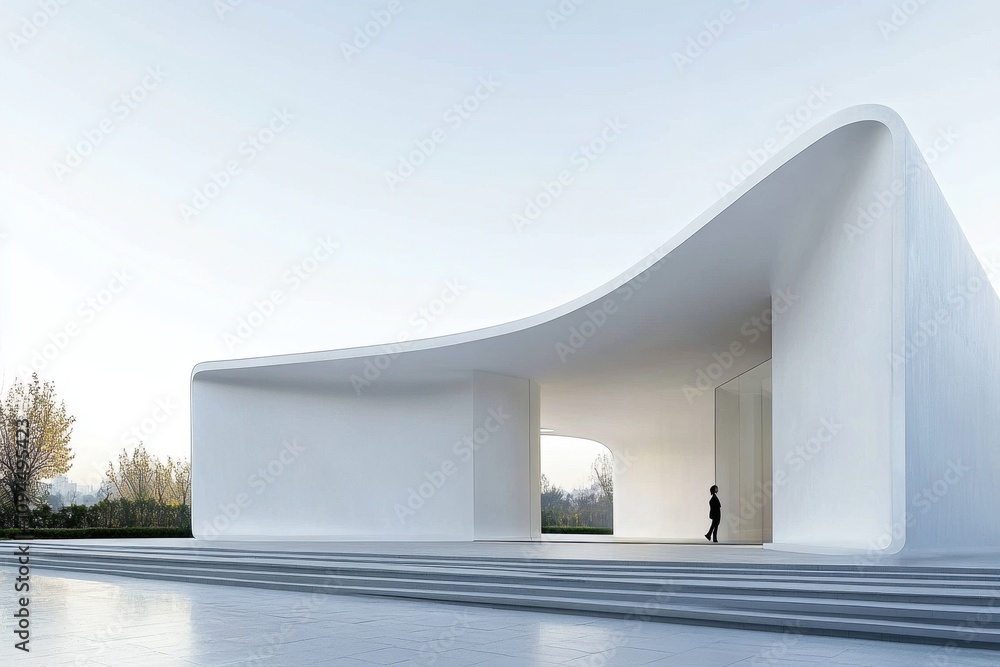 Poster a modern, minimalist architectural structure with smooth curves and open space.