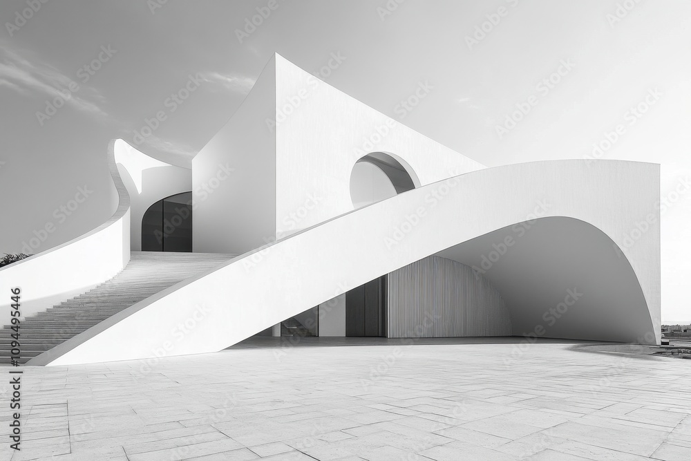 Poster a modern architectural structure featuring curved lines and a minimalist design.