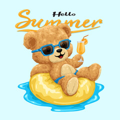 Teddy Bear Relaxing on Floaty with Juice and "Hello Summer" Text