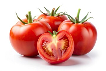 Fresh Whole and Cut Tomatoes on White Background - Vibrant Red Produce Display