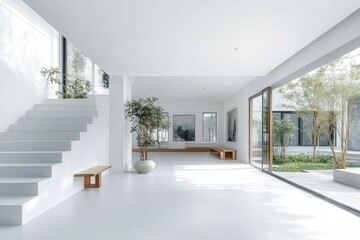 Obraz premium A minimalist interior featuring a staircase, plants, and large windows for natural light.