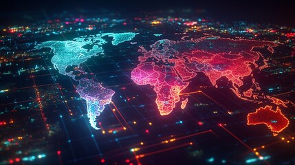 Obraz premium Illuminated 3D World Map with Translucent Continents on Grid Background, Symbolizing Modern Global Interconnection