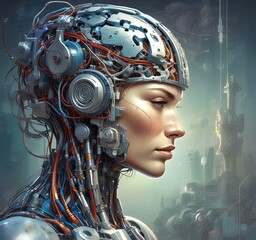 Fototapeta premium Technology illustration of cyborg with brain connections.