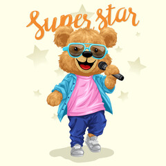 Superstar Teddy Bear Singing with Microphone in Trendy Outfit