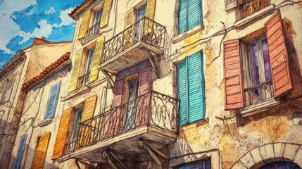 A vibrant illustration of a rustic building with colorful shutters and a decorative balcony.