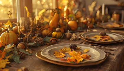 Naklejka premium Festive Thanksgiving Table with Plates, Cutlery, and Warm Lighting