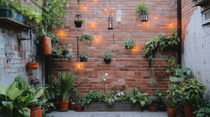 Cozy urban garden with potted plants and hanging lights on a brick wall.