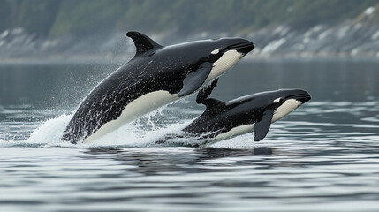 Obraz premium A baby whale breaching the surface of the ocean with its mother, practicing swimming skills.